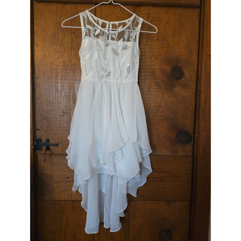 B WEAR - Girls White Sequin Leaf High Low Chiffon Party Dress Size 7